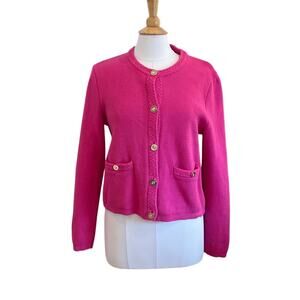 J.Crew Factory Bright Pink Lady Jacket Cardigan Sweater, Gold Buttons, Size L
